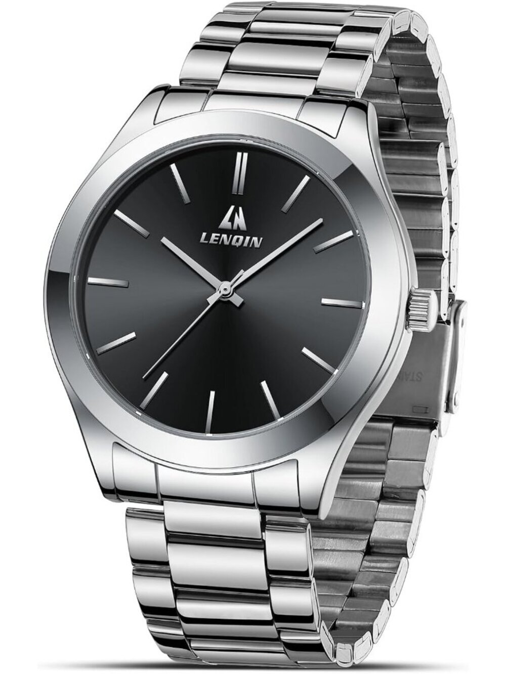 Men's Silver Black Classic Waterproof Stainless Steel Analog Quartz Luxury Watch - Picture 1 of 6